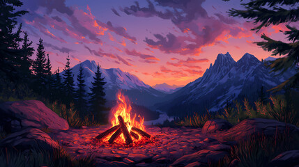 Wall Mural - Crackling campfire with burning flames and glowing embers set against a picturesque mountain landscape at dusk the warm glow illuminates the tranquil outdoor scene. Ember Twilight. Illustration