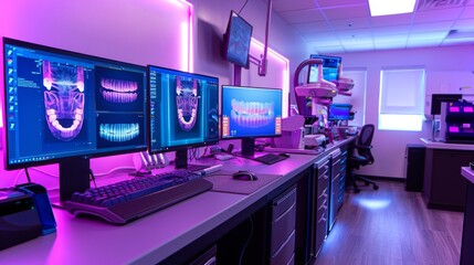 Leinwandbilder - This professional dental workspace showcases multiple monitors displaying intricate dental imaging. The area is well lit with colorful ambient lighting, creating a modern, inviting environment.