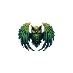 Poster - Pixel green owl icon vector. Mystical owl with wings icon. Owl logo in retro style. Owl wings vintage icon vector. Symbol of silence vector. Magical owl logo.