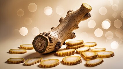 Poster - Unique display of a wooden log with cross-sections on a background of soft, blurred lights