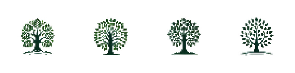 Poster - Set of pixel green trees. Vector icons of stylish trees in retro style. Simple pixel plants. Vector tree icon. Deciduous trees pixel vector. Tree trunk vector.