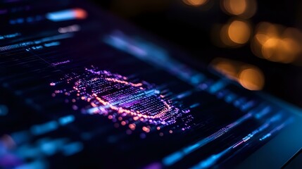 Poster - glowing microchip circuit board with purple and blue neon lights against dark background, macro phot