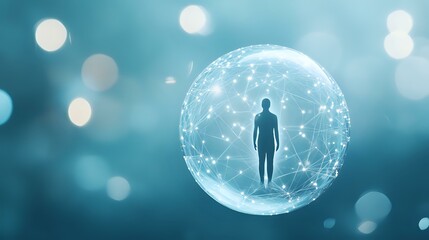 Poster - Human silhouette inside glowing network sphere on blurred blue background with bokeh lights, representing digital transformation and connectivity concept.