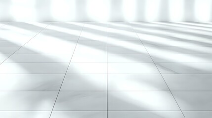 Poster - Diagonal sunlight and shadows cast on white tiled floor create minimalist geometric pattern with clean lines and modern architectural feel.