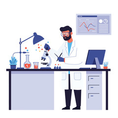 Poster - Scientist working at a laboratory desk in flat vector art style