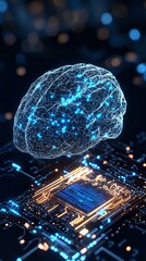 Poster - Glowing neural network brain floating above microprocessor circuit board with blue light effects and bokeh background, representing artificial intelligence.