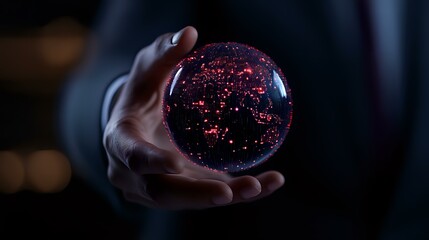 Poster - Mystical glowing crystal ball with red constellation patterns held by hand against dark background, creating magical fortune telling atmosphere.