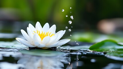 Poster - White water lily floating on pond surface with water drops splashing, green lily pads in soft focus background creates serene nature scene.