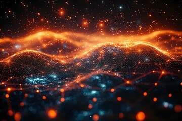 Poster - Abstract cosmic landscape with glowing orange and blue waves of light against starry dark background, creating magical nebula-like formation with luminous particles.