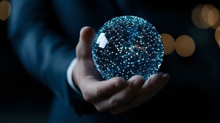Poster - Glowing blue sphere with constellation pattern held in hand against dark background, creating magical atmosphere with bokeh lights.