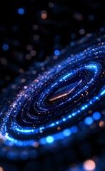 Poster - Spiral galaxy with glowing blue particles and stardust against dark background, cosmic energy swirling in space creating mesmerizing astronomical formation.