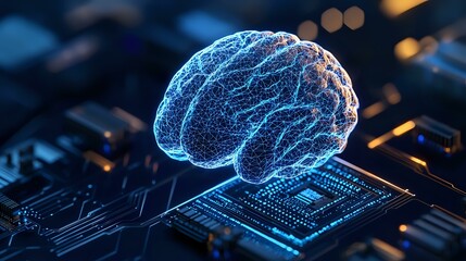Poster - Digital brain hologram floating over computer circuit board with glowing blue neural network connections and electronic components in futuristic technology concept.