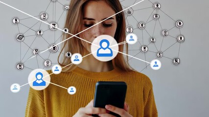 Poster - Caucasian woman using smartphone with digital network of connections in background, network of connections with icons over caucasian male doctor