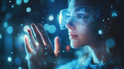 Aufkleber - businesswoman wearing futuristic augmented reality glasses is interacting with digital data, experie