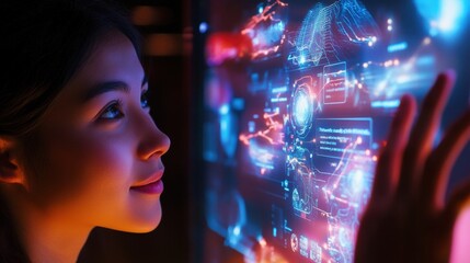 Fototapete - Businesswoman analyzing data on a futuristic interactive display, navigating complex information with a touch, illuminated by a vibrant screen glow in a dark environment