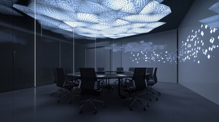 Fototapete - Futuristic meeting room featuring big data analysis and cloud computing displayed on a digital screen, illuminated by a sleek, modern polygonal lamp, creating an innovative atmosphere