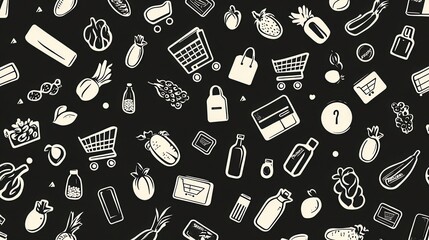 Poster - Grocery themed seamless pattern featuring shopping icons in minimalistic monochrome design ideal for various backgrounds and surfaces