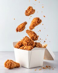 Aufkleber - A container overflowing with fried chicken pieces, some floating above it against a light background.