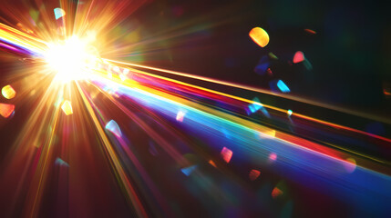 Wall Mural - A prism rainbow light on dark background overlay. crystal flare abstract effect. holographic sunlight reflection wallpaper, colorful glare bokeh. Vivid Glare. Illustration
