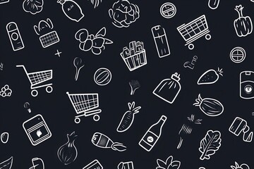 Poster - Seamless pattern featuring grocery-themed icons including shopping carts, delivery trucks, and fresh vegetables in a minimalistic design