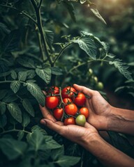 Poster - A person holds a cluster of ripe tomatoes in their hands, surrounded by green leaves.