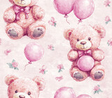 Cute pink teddy bears with balloons on floral background create joyful scene, Seamless Pattern Style.