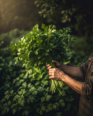 Poster - A close-up image of a person holding a bunch of fresh herbs with a lush, green background.