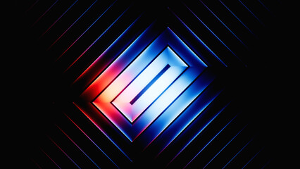 Poster - 3d render. Abstract geometric shapes with blue red gradient, isolated on black background. Ribbed glass wallpaper