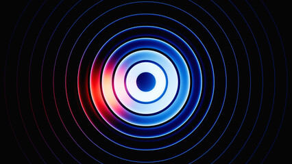 Poster - 3d render. Abstract round neon shape with blue red gradient, isolated on black background. Ribbed glass wallpaper.