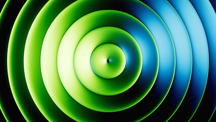 Poster - 3d rendering. Abstract minimalist geometric background. Round metallic texture with blue green gradient. Ribbed glass illuminated with neon light