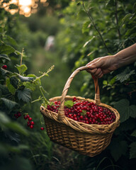 Poster - A hand holds a woven basket filled with bright red berries amidst lush greenery during sunset.