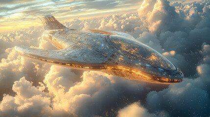 Wall Mural - futuristic space ship is flying through a cloudy sky. the ship is surrounded by a glowing aura, givi