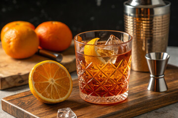 Aufkleber - An elegant cocktail displayed in a crystal glass with citrus accents on a wooden surface.