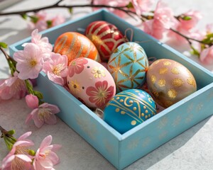 Poster - A colorful arrangement of decorated Easter eggs in a blue wooden tray surrounded by cherry blossom petals.