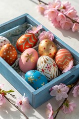 Poster - A colorful arrangement of decorated Easter eggs in a blue wooden tray surrounded by cherry blossom petals.