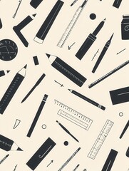 Poster - Seamless pattern design featuring icons of design tools in a soft monochrome palette showcasing creativity and professionalism