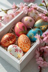 Poster - A collection of beautifully decorated Easter eggs arranged in a wooden box, surrounded by pink cherry blossom flowers.