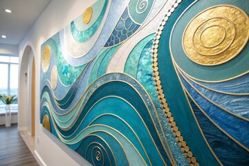 Aufkleber - A vibrant wall mural featuring swirling patterns in shades of blue and gold.