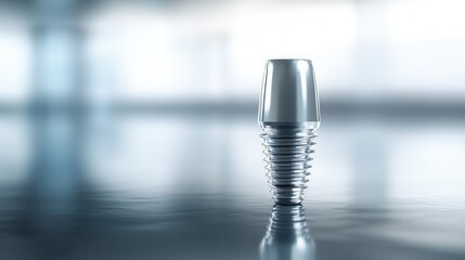 Poster - Floating titanium dental implant showcases modern technology and precision in a sleek metallic environment with soft reflections and smooth lighting