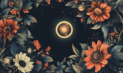Wall Mural - solar eclipse over blooming florals, floral patterns, greenery, blooming flowers