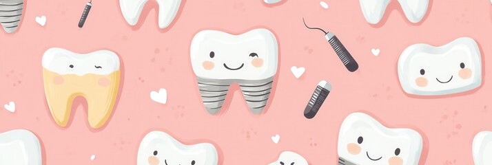 Poster - Seamless pattern featuring healthy teeth, implants, and cheerful smiles in modern flat style with pastel colors