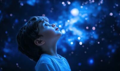 Wall Mural - you child looking up in wonder at the starry night sky. planetarium visit with planets, moons, and s