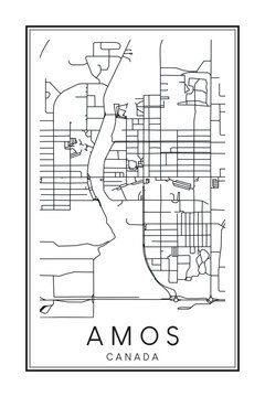 Hand drawn printable downtown road map poster of the Canadian city of AMOS on solid white background with city name