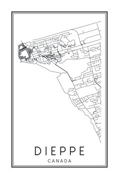 Hand drawn printable downtown road map poster of the Canadian city of DIEPPE on solid white background with city name