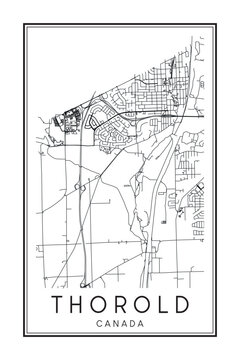 Hand drawn printable downtown road map poster of the Canadian city of THOROLD on solid white background with city name