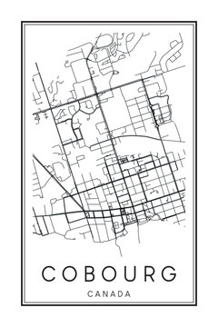 Hand drawn printable downtown road map poster of the Canadian city of COBOURG on solid white background with city name