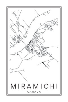 Hand drawn printable downtown road map poster of the Canadian city of MIRAMICHI on solid white background with city name