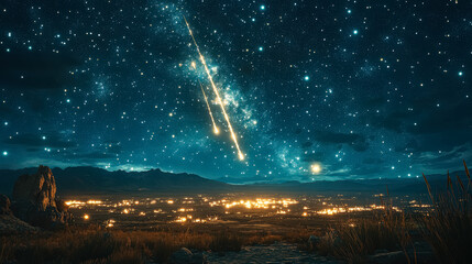 Wall Mural - starry night sky with a shooting star and a city in the background. the city lights are visible in t