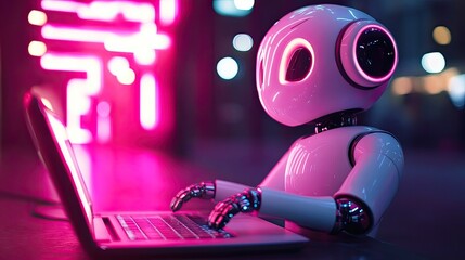 Poster - A friendly stock robot diligently working on a laptop showcasing advanced technology in a modern workspace ideal for tech blogs website designs and marketing materials related to AI and innovation
