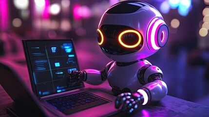 Poster - Friendly stock robot working on a laptop with glowing neon light, representing AI innovation